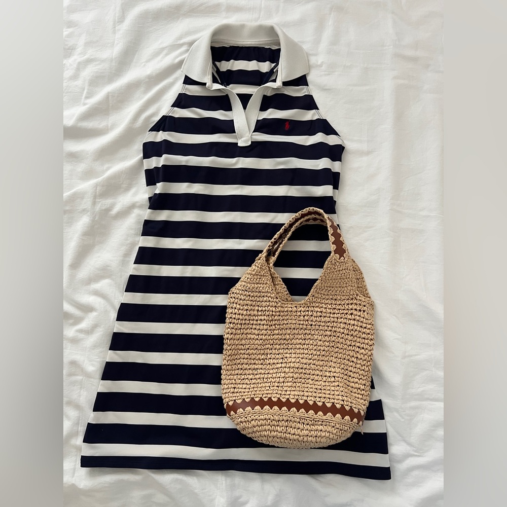 Polo by Ralph Lauren Navy & White Striped Sleeveless Polo Dress with Red Logo